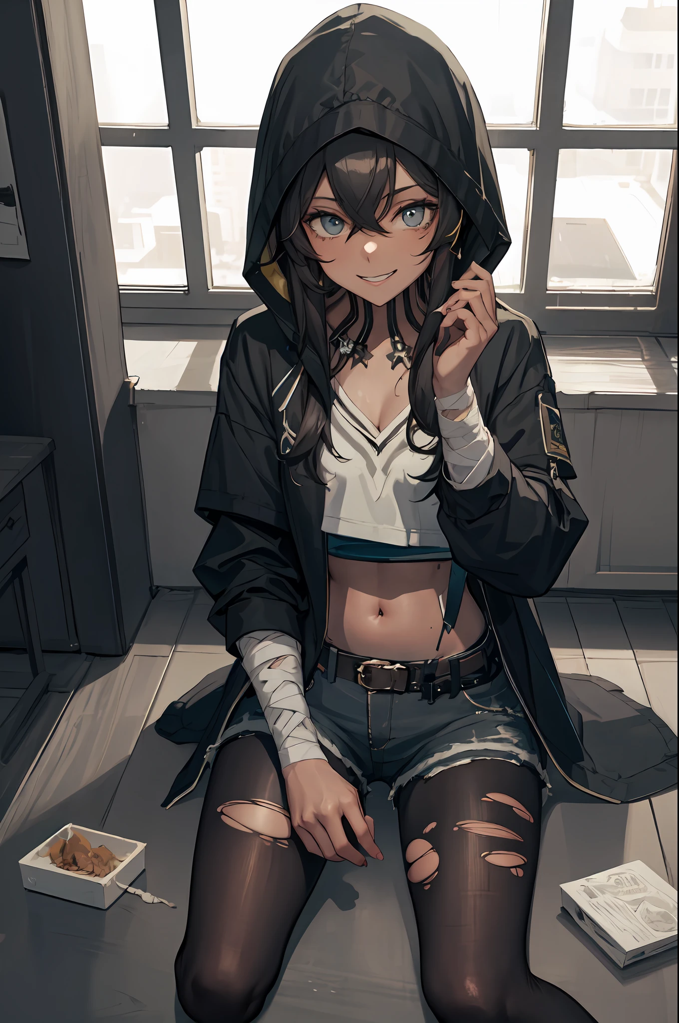 (masterpiece,best quality, detailed), indoors, looking at viewer, 1girl, solo, full body, from above, smile, sitting, wariza,
origin, 1girl, solo, pantyhose, shorts, torn clothes, navel, bandages, torn pantyhose, hood, black pantyhose, midriff, crop top, cutoffs,  jacket