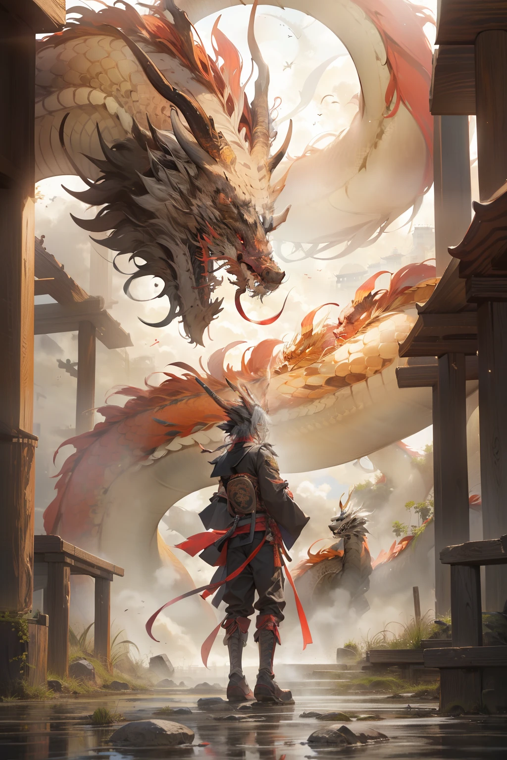 chinesedragon， drak， a Oriental Dragons， arma， The sword， halter， holdingweapon， 1boys， long whitr hair， ​​clouds， standing on your feet， clutching a sword， buliding， Reflectors， bloods， east asian architecture， malefocus， Skysky，  brunette color hair， katana swords， exteriors， trouser， firey， mostly cloudy sky， Cloud fog，salama，banya， Japanese clothes， bandagens， scabbard， looking at viewert， masks， 独奏