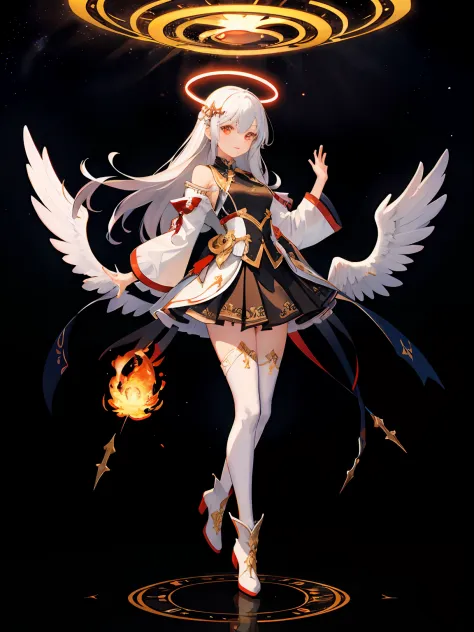 (masutepiece: 1.5), (Best quality: 1.5), 1womanl, Guardian Angel, White hair, Red eyes, Engulfed in red flames, Golden Angel Cir...