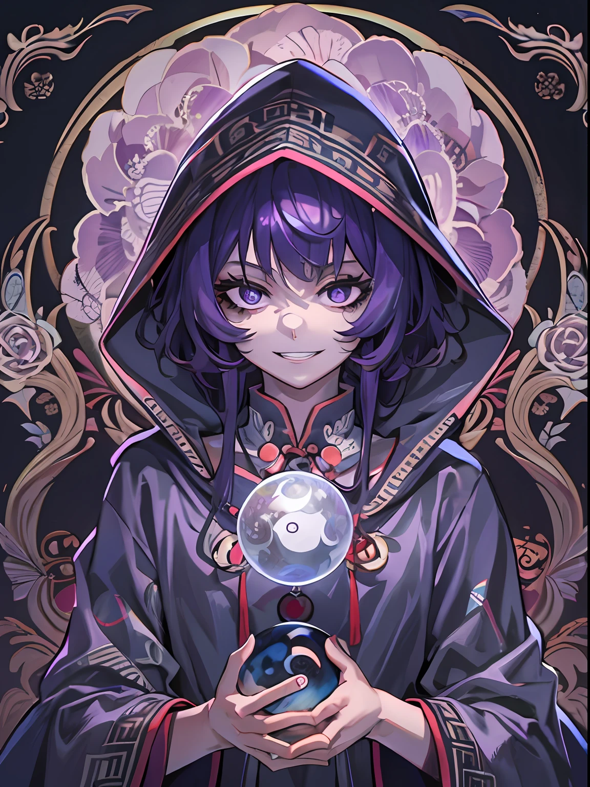 Taboo knowledge，The purple robe is printed with yin and yang gossip，The hood covers half of the face，playful grin，Purple eye，mistic，Mysterious pattern，crystal sphere，magia，Purple colored hair，a beauty girl