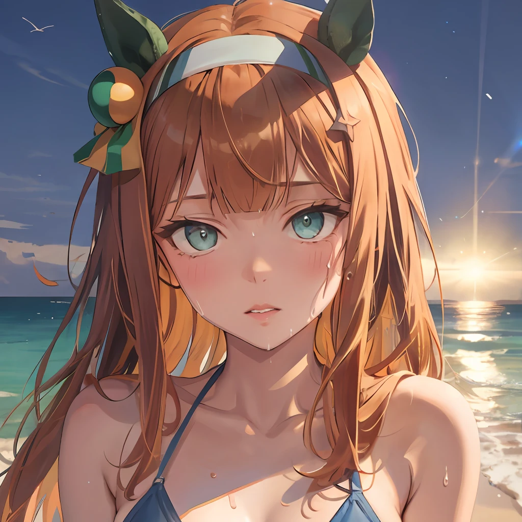 Masterpiece, Best Quality,  close up, face shot,
silence suzuka \(umamusume\),horse ears, pony tail, Escape on the sand, The face is surprised, bikinis, The bra shines through, the sweat,Girl Vrosto, Little Crud, Smooth skin, Evening, multi-colored lights in the air, full length, shiny eyes, ruddy skin