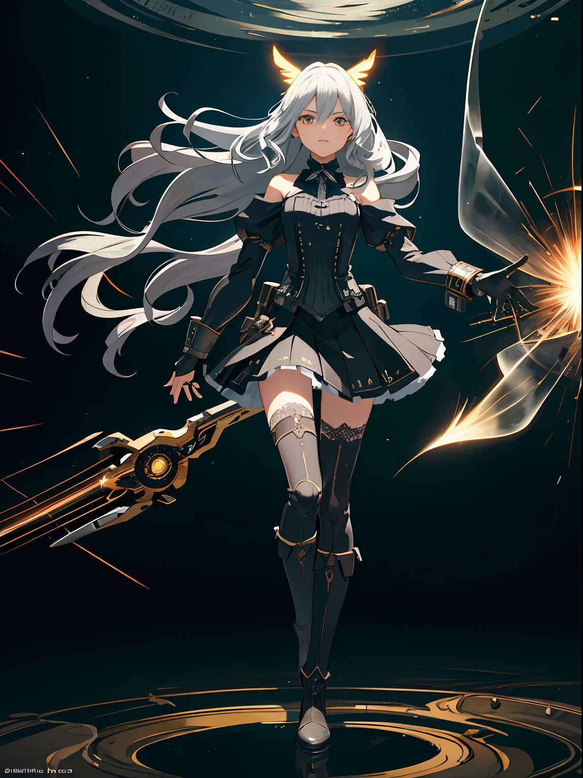 （Super Best Quality））， （Very Masterpiece））， （super detailing：1.4）， super realistic 3D， android mage girls， Mechanical body， Dynamic action poses in battle scenes， Mechanical weapons of very complex and heavy fighters， Off-the-shoulder fashion blends details and intricate steampunk and sophisticated Gothic Lolita， Complex steampunk headgear， very slender long legs， mechanical boots above the knee， Fluttering lace flared miniskirt， upturned and beautiful small breasts，rather long vertical curly silver hair driven by the wind，countless shining large spheres flying around，Many sparks passed through the splash，Countless neon signs rained down from the gesture of magic summoning，Look down at the backdrop of a futuristic and sophisticated fiery steampunk factory，Very dramatic and cinematic lighting，black lence stockings