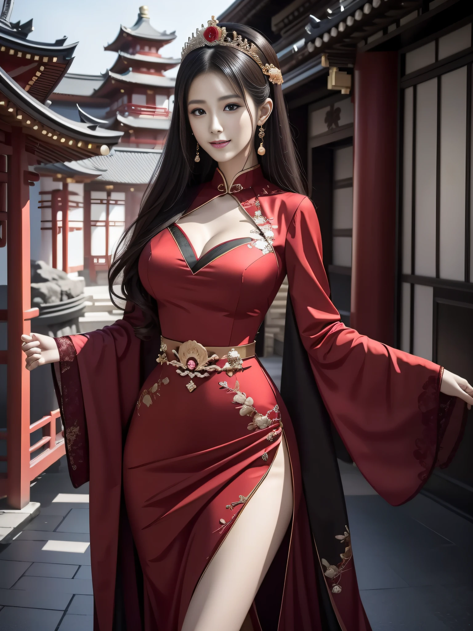 赤いドレスを着て写真を撮る女性, 美しいファンタジーの皇后, 日本の女神, ((美しいファンタジーの皇后)), 美しく魅惑的なアニメの女性, アニメ goddess, 魅惑的なアニメの女の子, ゴージャスなロールプレイ, チャイナドレス, セクシーなドレス, 全身仙侠, エレガントで魅力的なコスプレ, 細かいディテール. アニメ, ゴージャスな姿, 美しい女神，巨匠の作品，最高の画質，より高い品質，高いディテール，超高解像度，8K解像度