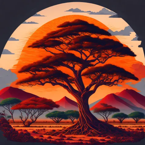 An African thorn tree standing tall in a picturesque savanna landscape, serving as a captivating t-shirt design with intricate d...