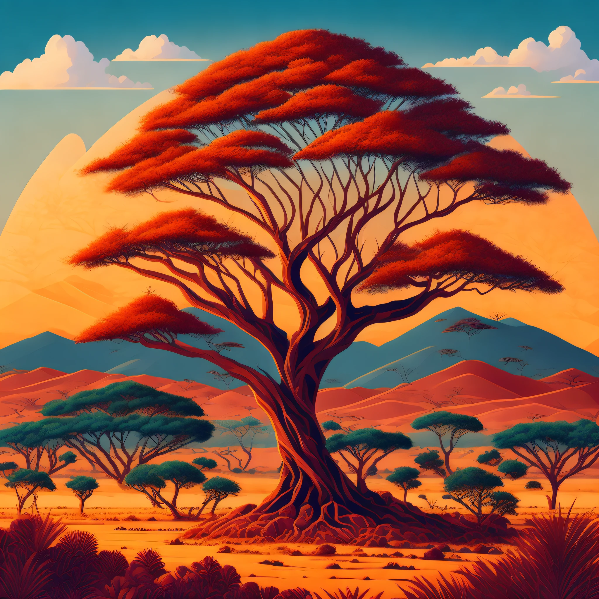 Uma árvore de espinhos africana se erguendo em uma paisagem de savana pitoresca, servindo como um design de camiseta cativante com detalhes intrincados e cores vibrantes, Inspirado por @Arte vetorial cativante de rzminjourney.