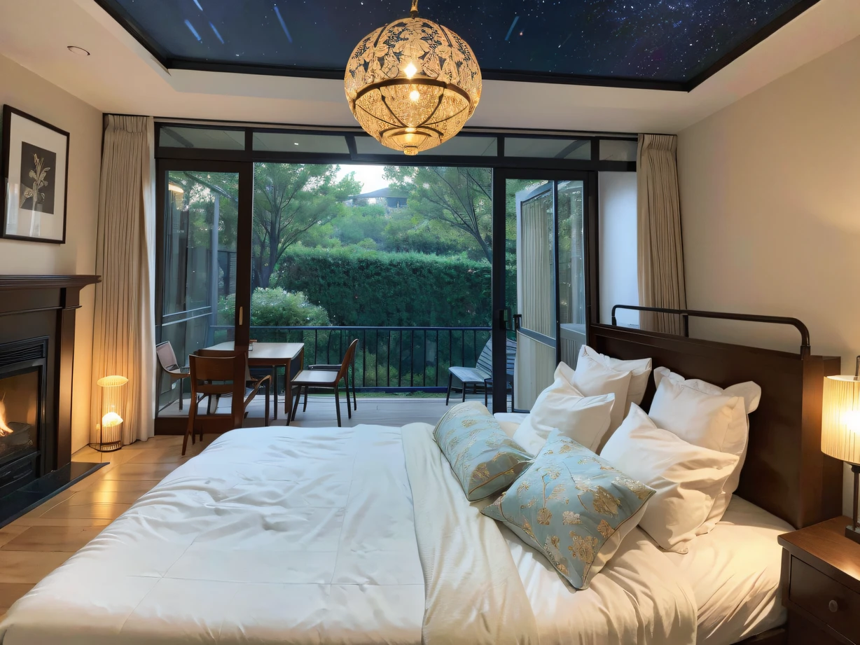 ，masterpiece, best quality，8k, ultra highres，Reallightandshadow，Blue dream space，Picturesque Lanting Moke。The gold brocade bedding exudes an intoxicating aroma，Huge floor-to-ceiling windows let in soft moonlight，Bright stars jump indoors，It's like being in the night sky。The fireplace at the bedside burns quietly，The warm fire dances the mysterious and romantic flame，Let people fall into sweet sleep。