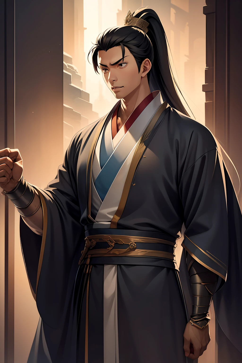 quadratic element，style of anime，mtu（Male Warrior），The proportions are correct，Face details，swordsmen，High ponytail hairstyle，Neck details，There is an Adam's apple，Black Hanfu，kaftan，Embroidered robes，Black robe，clothes details，Handing over，longer sleeves，Game quality，Swordsmanship，Light and shadow tracking，Ray traching，detailed glow，cg render，hair detail，cabelos preto e longos，Black eyes，Handsome，Handsome，（juvenile sense），Clothing is complicated，Perfectcomposition，Refinement，high qulity，higher details，Lots of details，The background is complex，a sense of atmosphere，