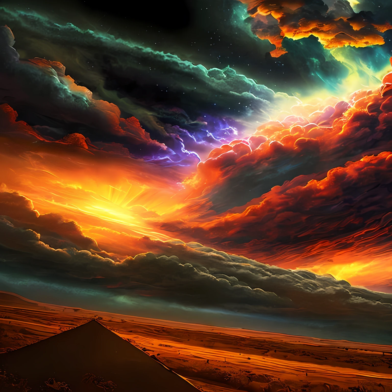 Illustration of dark clouds, epic scene, intrincado, Lovecraft, assustador, universo, quasar, galaxy, ambiente escuro