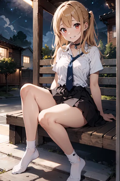 masterpiece, best quality, 1girl, long hair, bored, sitting, feet up, soles, forest 1girl, bangs, choker, necktie, ear piercing, masterpiece, best quality, 1girl, long hair, bored, sitting, feet up, soles, forest <feetPoseAnime_v11:0.6，eyebrows visible thr...