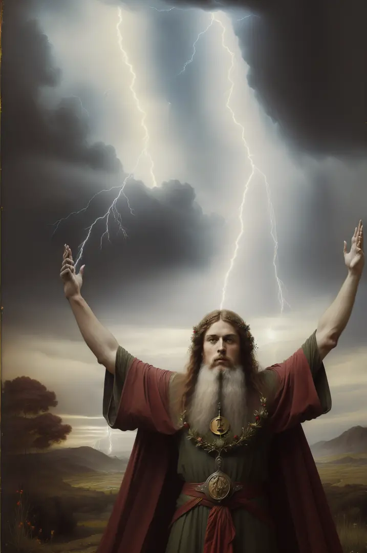 ((( pre-raphaelite painting of a druid in worship with arms raised, vestes vermelhas, lightning crosses the sky, espinheiro-negr...