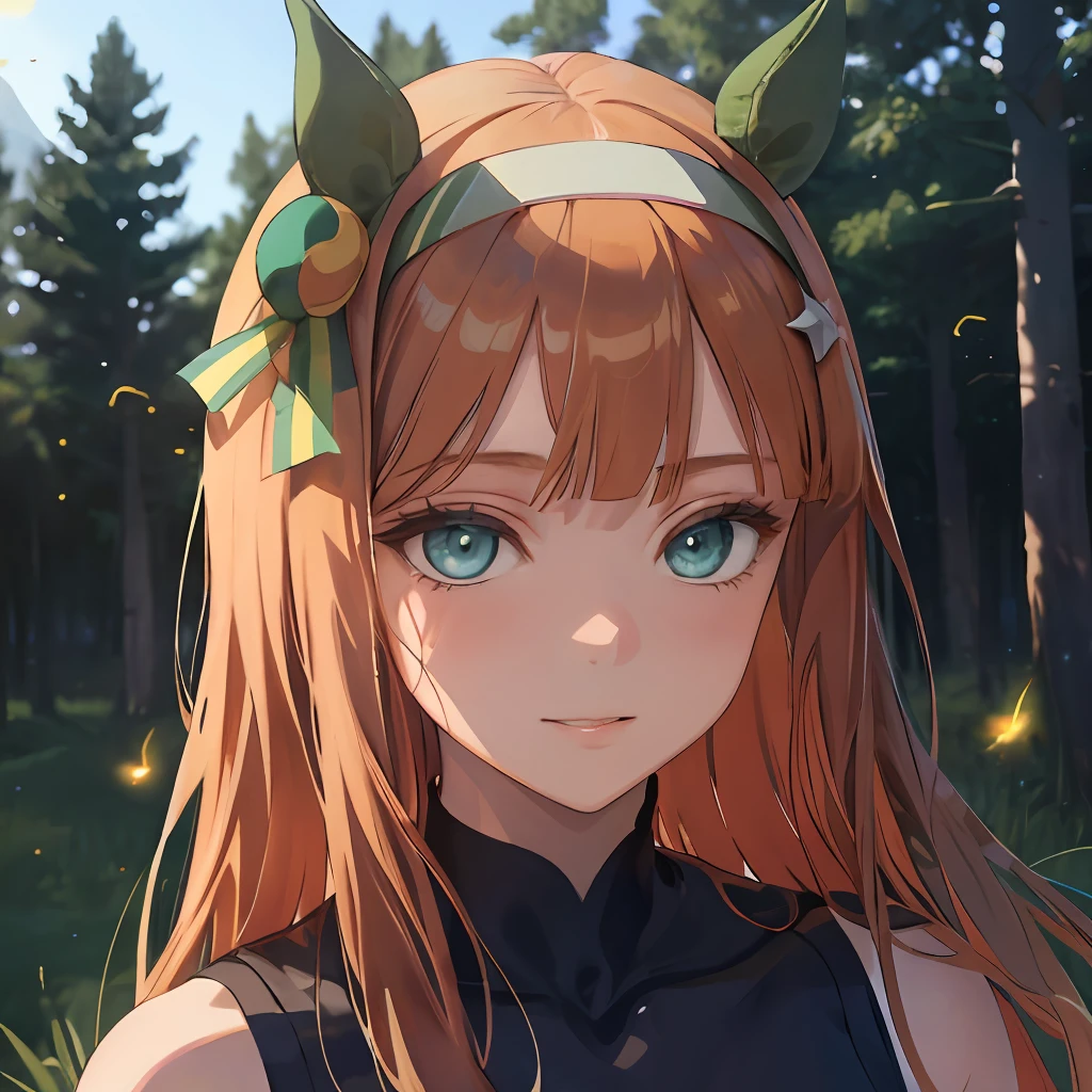 Masterpiece, Best Quality,  close up, face shot,
silence suzuka \(umamusume\),beatiful face, ssmile, Eyes wide open, strong wind, shiny eyes, ноч, Fireflies, Pine Forest Chiska Leather, ruddy necks