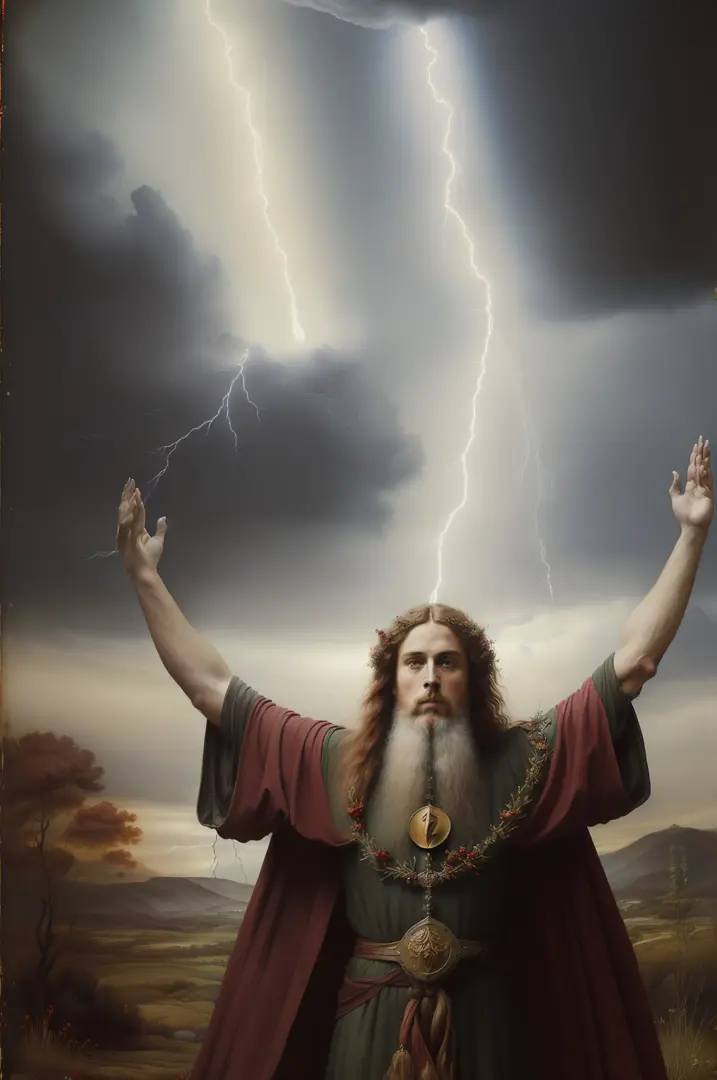 ((( pre-raphaelite painting of a druid in worship with arms raised, vestes vermelhas, lightning crosses the sky, espinheiro-negr...