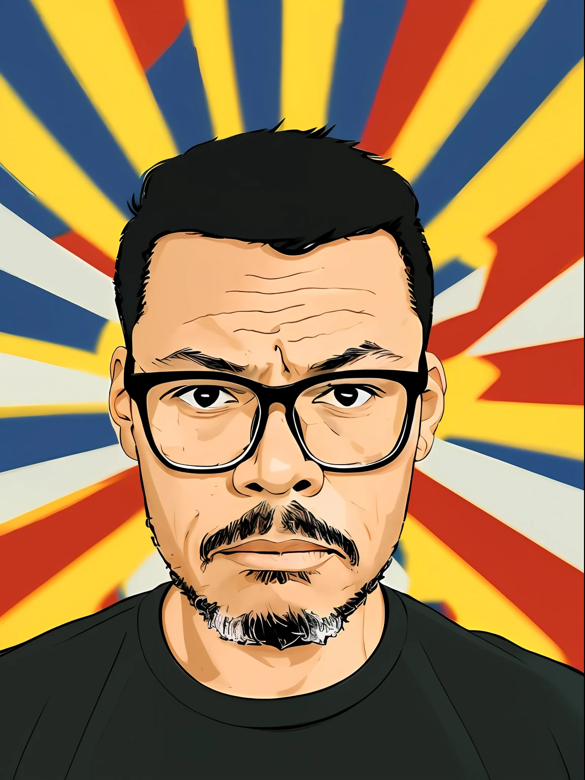 guttonerdjul23, 2d illustration of man, light skin tone wearing glasses, scared, black t-shirt, front view, looking directly at viewer, short hair, brown eyes, cartoon style, comic book background, blur background