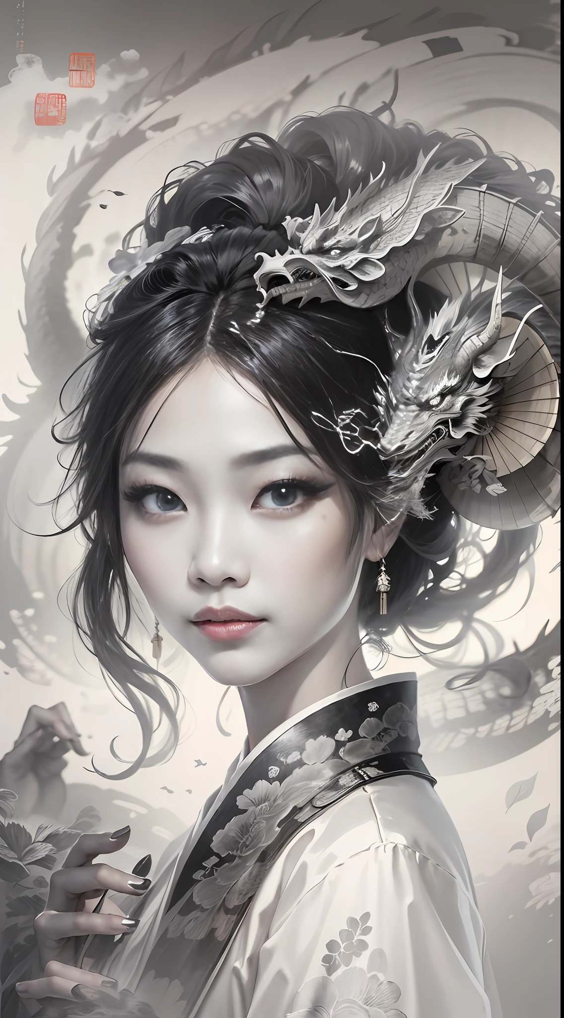 手に扇子を持つ中国人の女の子,美しい目,(中国のドラゴンが彼女の後ろにいる),ファンタジー,中国風,白黒の水墨画,(最高品質,極限まで詳細に:1.5),8K,