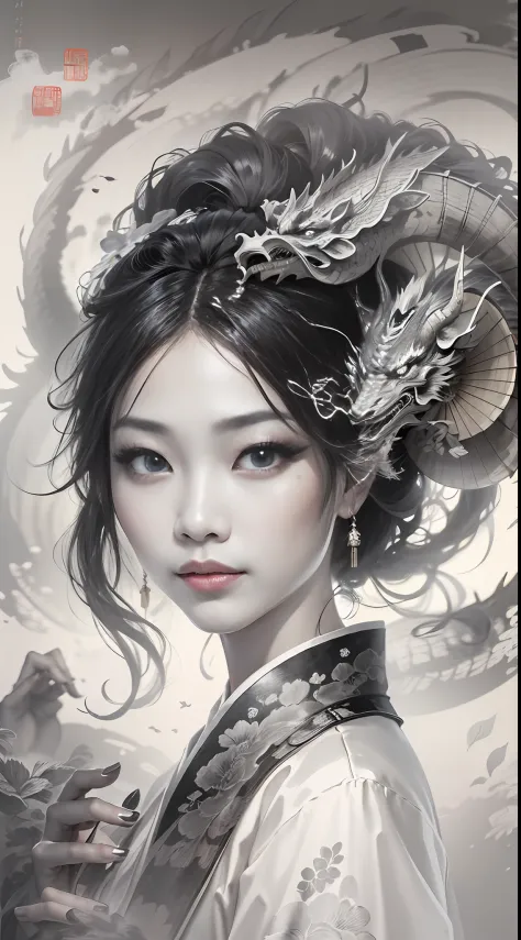 a chinese girl with a Circular fan in her hand,beautiful eyes,(a chinese dragon is behind her),fantacy,Chinese style,Black and w...