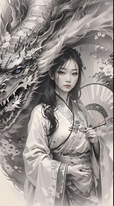 a chinese girl with a Circular fan in her hand,beautiful eyes,(a chinese dragon is behind her),fantacy,Chinese style,Black and w...