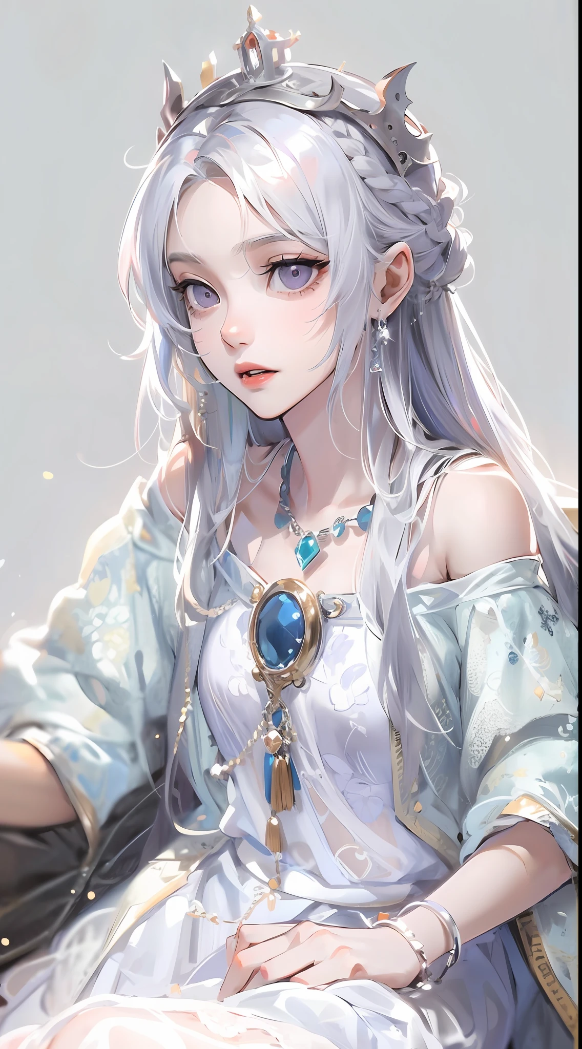 Best quality, highly detailed, masterpiece, ultra detailed, (reality: 1.2), 1 girl, (white background), simple background, delicate eyes, silver hair, purple eyes, hair_ornament, (white off-the-shoulder shirt: 1.3), long hair, pointy_ears, crown_braid, expressionless, straight hair, (++ sitting: 1.2), room,