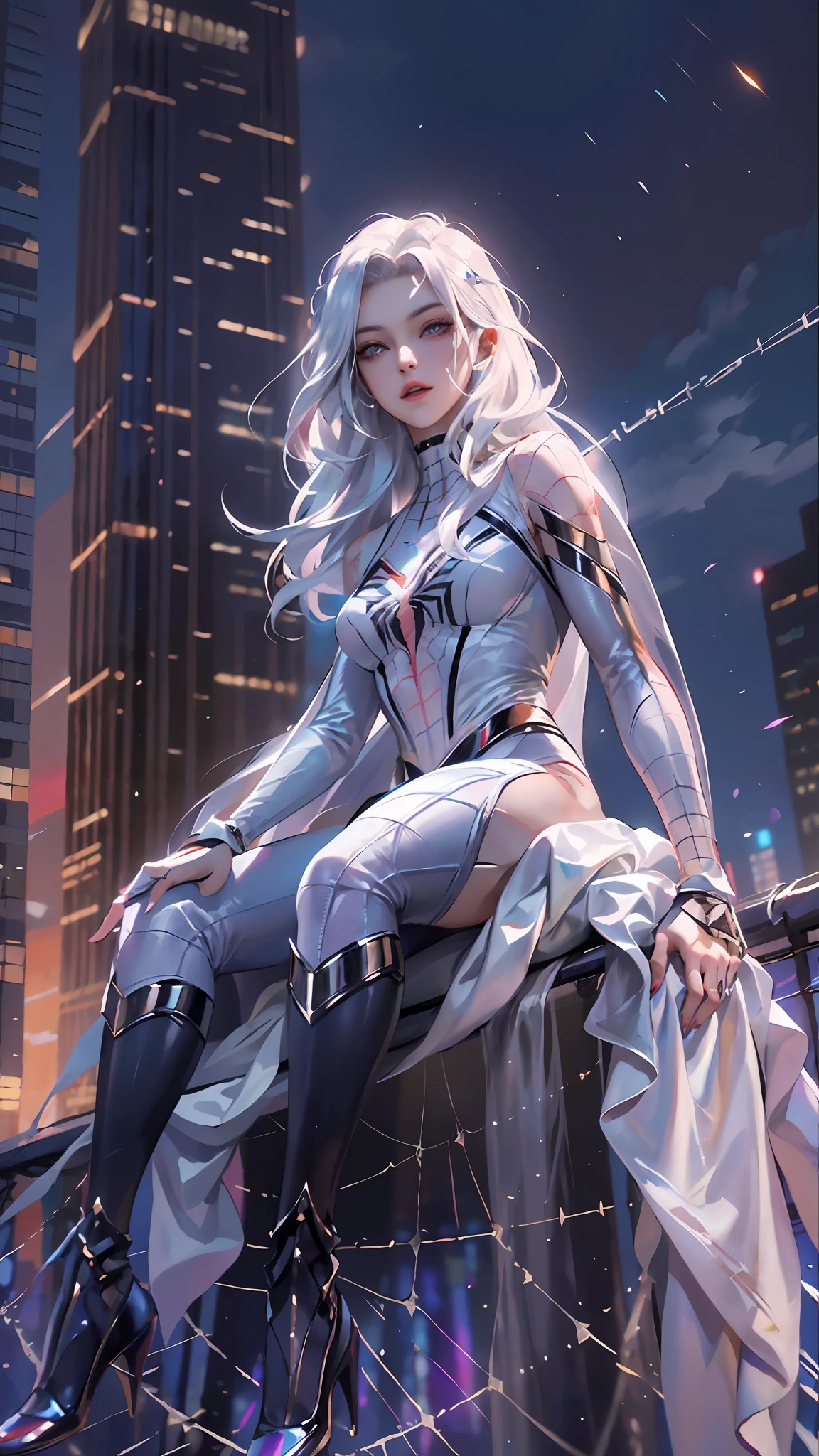 (Masterpiece, 4k resolution, ultra-realistic, very detailed), (White superhero theme, charismatic, there's a girl on top of town, wearing Spider-Man costume, she's a superhero), [ ((25 years), (long white hair:1.2), full body, (blue eyes:1.2), ((Spider-Man pose),show of strength, jumping from one building to another), ((sandy urban environment):0.8)| (cityscape, at night, dynamic lights), (full moon))] # Explanation: The Prompt mainly describes a 4K painting of ultra-high definition, very realistic, very detailed. It shows a superheroine at the top of the city, wearing a Spider-Man costume. The theme in the painting is a white superhero theme, the female protagonist has long white hair, is 25 years old and her entire body is shown in the painting. In terms of portraying the actions of superheroines, spiders are employed