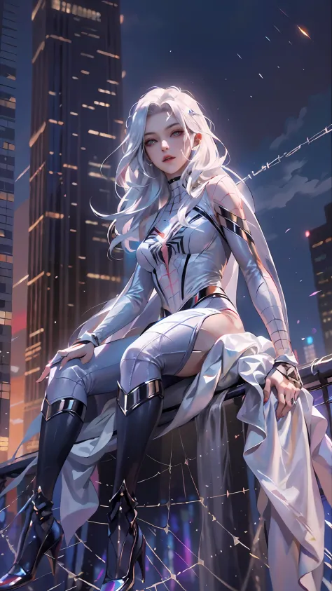 (Masterpiece, 4k resolution, ultra-realistic, very detailed), (White superhero theme, charismatic, there's a girl on top of town...