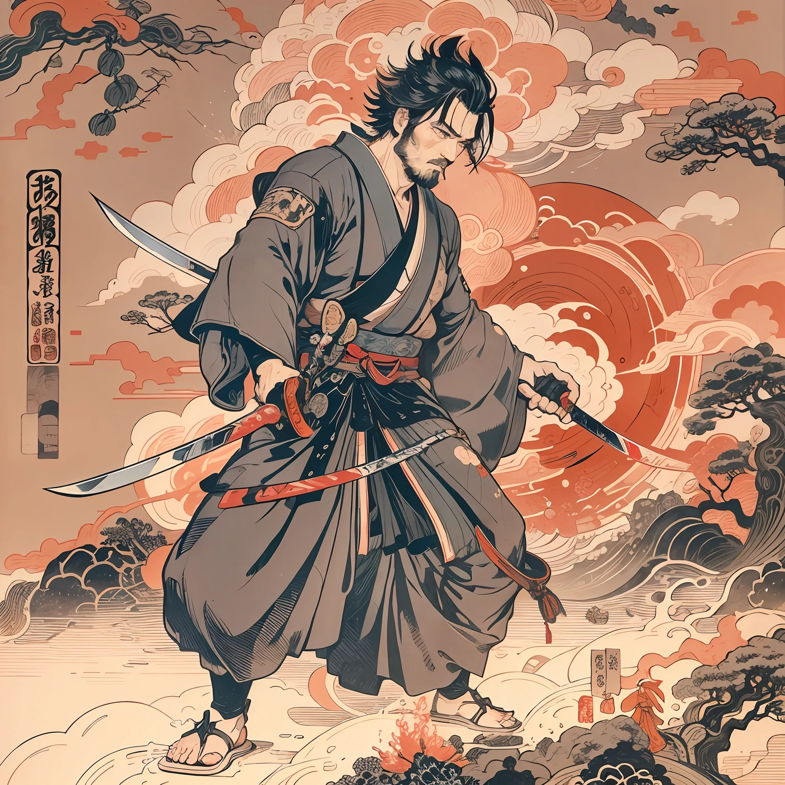 Es handelt sich um ein Ganzkörpergemälde mit natürlichen Farben und Strichzeichnungen im Stil von Katsushika Hokusai. Der Schwertkämpfer Miyamoto Musashi ist ein japanischer Samurai mit einem großen und starken Körperbau wie ein professioneller Wrestler. Sein Gesicht ist sehr würdevoll. Er hat auch kurze schwarze Haare und einen kurzen, gestutzter Bart. Sein Oberkörper ist mit einem schwarzen Kimono bedeckt und sein Hakama ist knielang. In seiner rechten Hand hält er ein Japanschwert mit einem längeren Schwertteil. gute Qualität, Meisterwerk hochauflösender Ukiyo-e-Stil mit scharfen leuchtenden Blitzen und wirbelnden roten Flammen. Miyamoto Musashi schwingt sein Schwert kraftvoll nach unten in Richtung des Gegners vor ihm.. Ein Schwert und zwei Schnitte