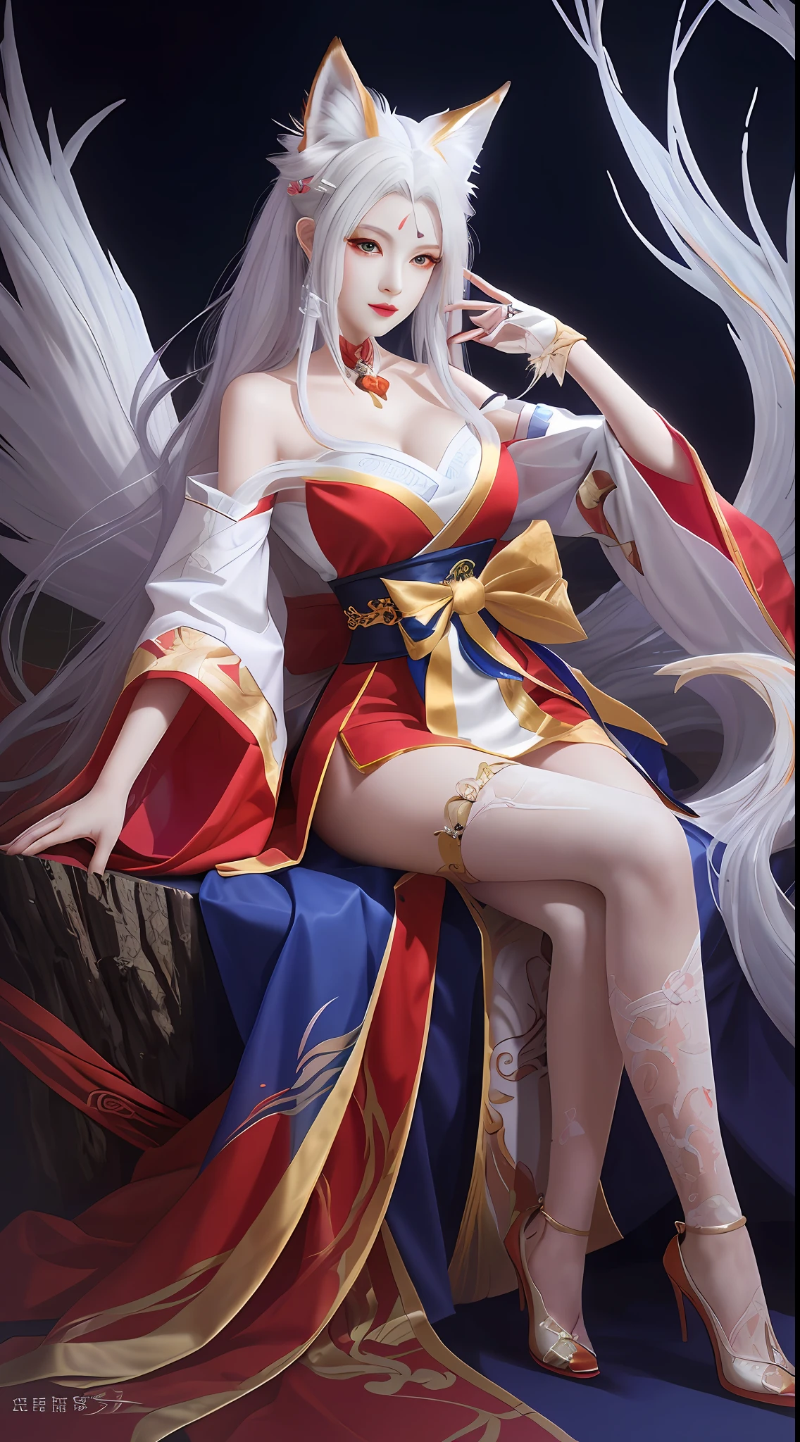 send，tmasterpiece，beautifuldetails，Extremely colorful，Exquisite details，Delicate lips，The details are complex，Realiy，Ultra photo realsisim，A girl and a white-haired fox sit on a branch：1.1，Large breasts，Raised sexy，seductiv，ethereal fox，nine tail fox，Fox three-tailed fox，Onmyoji detailed art，Nine tails，A beautiful artwork illustration，mythological creatures，red fox，Beautiful digital artwork，Exquisite digital illustration，mizutsune , Inspired by the mythical creature wildnet，Digital art on Pixiv，strong lights，hight contrast，Horror movie theme，Dark atmosphere，Fighting posture