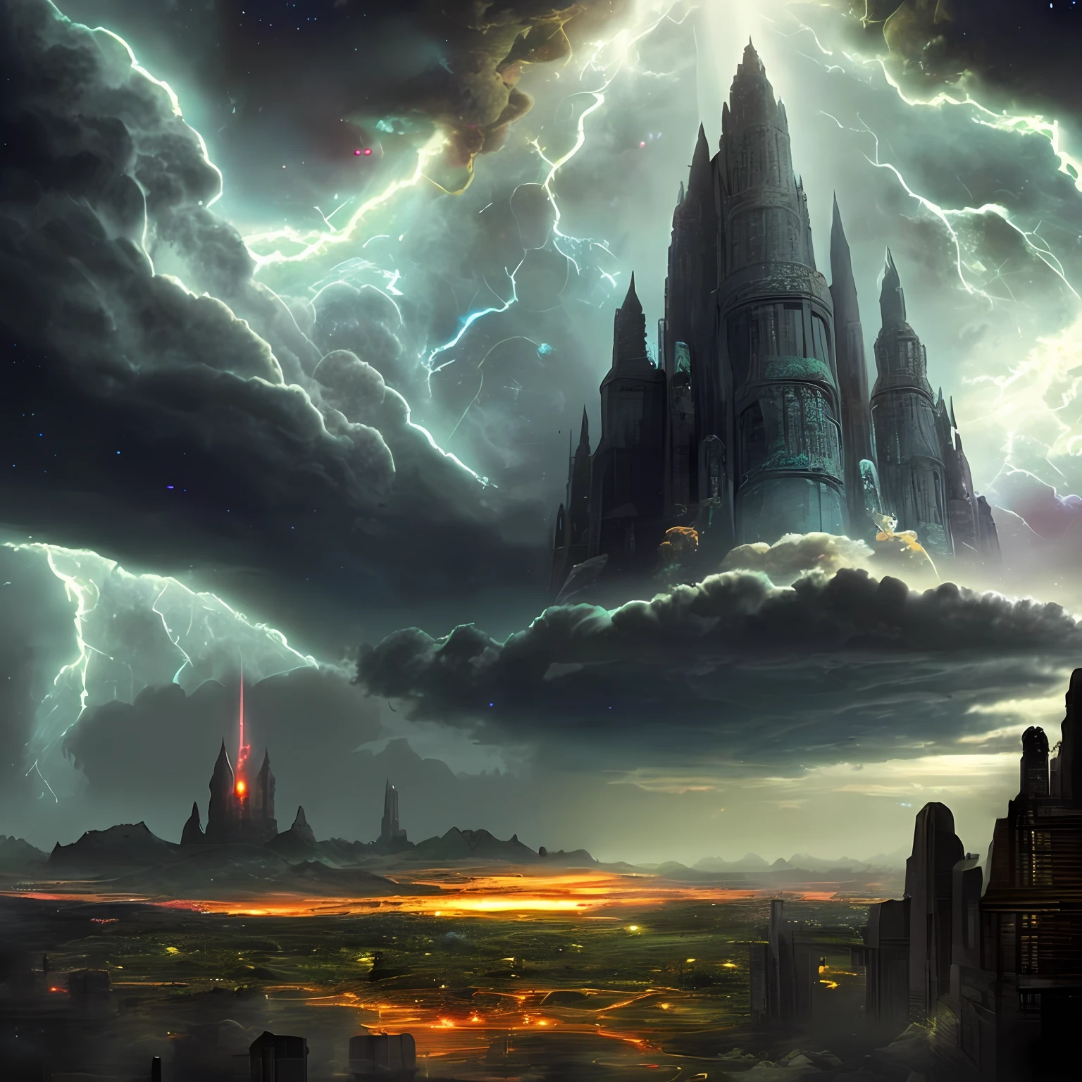 Illustration of dark clouds, epic scene, intrincado, Lovecraft, assustador, universo, quasar, galaxy, Ambiente escuro, Alien Towers, abstrair, Planetas