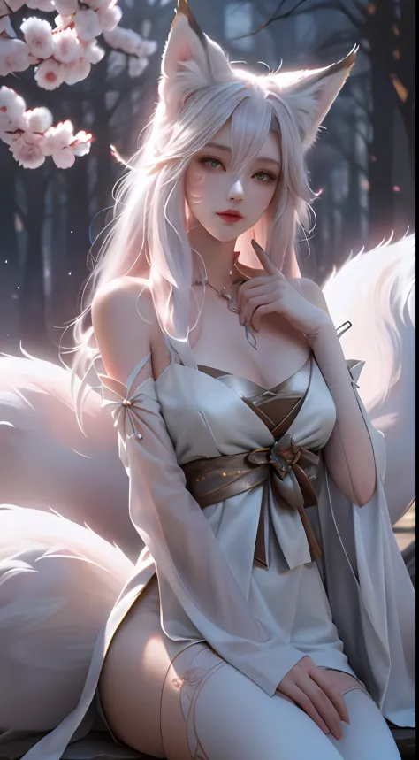 Fox ears white hair girl，full bodyesbian，Painting of a fox with white hair sitting on a branch，ethereal fox，nine tail fox，Fox three-tailed fox，Onmyoji detailed art，Nine tails，A beautiful artwork illustration，mythological creatures，red fox，(Combat posture)，...