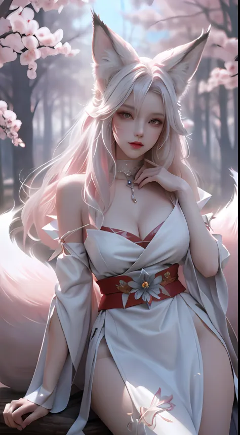 Fox ears white hair girl，full bodyesbian，Painting of a fox with white hair sitting on a branch，ethereal fox，nine tail fox，Fox three-tailed fox，Onmyoji detailed art，Nine tails，A beautiful artwork illustration，mythological creatures，red fox，(Combat posture)，...