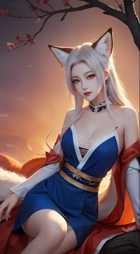 send，tmasterpiece，beautifuldetails，extremely colorful，Exquisite details，Delicate lips，The details are complex，Realiy，Ultra photo realsisim，A girl with a white-haired fox sitting on a branch：1.1，Large breasts，Raised sexy，seductiv，ethereal fox，nine tail fox，...