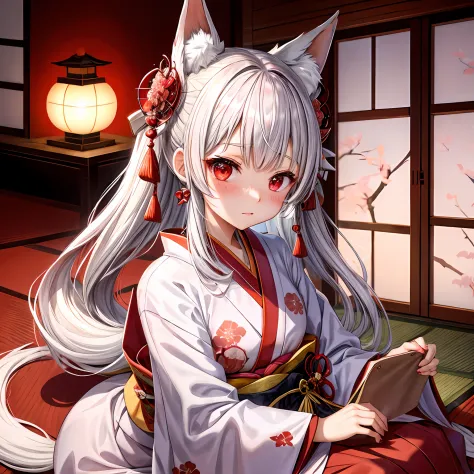 silber hair、Hair is up、red eyes、One girl、kawaii、animesque、Kimono、red blush、traditional Japanese room、a moon、5 fox tails