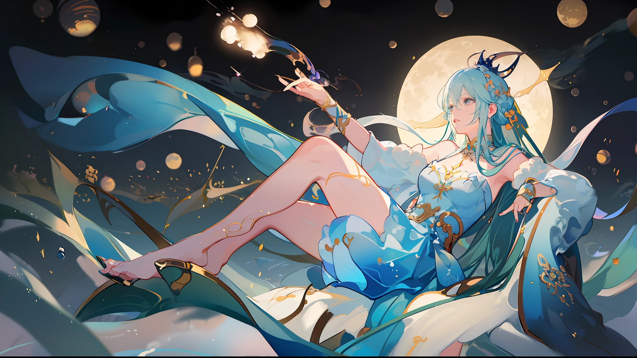 Draw a woman in a blue dress holding a wand, lunar goddess, Artgerm and Ruan Jia, Artgerm Plat, Ruan Jia and Artgerm, artgerm julie bell beeple, Goddess of the moon, Beautiful celestial mage, Inspired by Lan Ying, artgerm detailed, queen of the sea mu yanling, lunar goddess