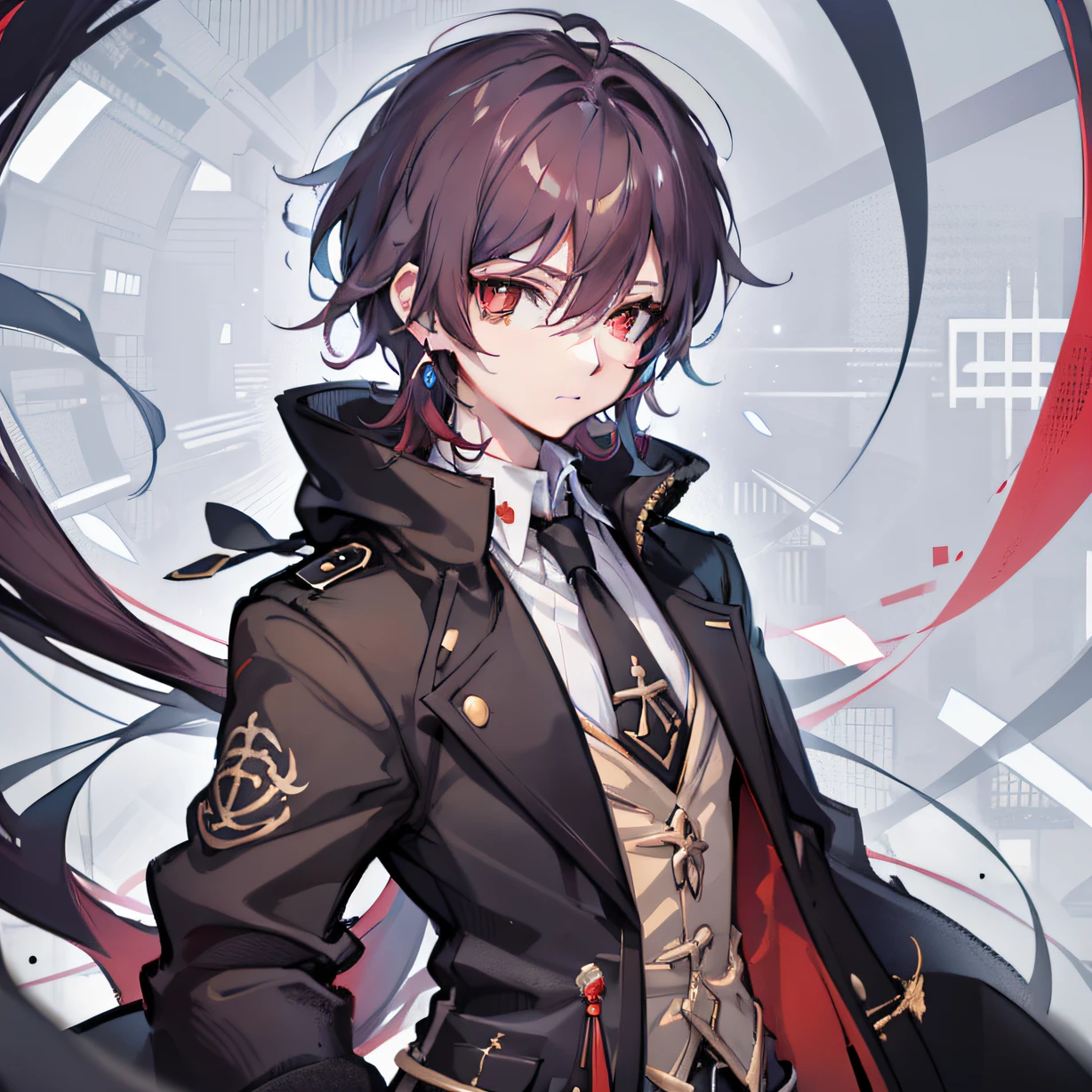 （Brunette God：1.3），（Tall anime man：0.9），（黑The eye：0.8），1 boy wearing a black coat and red tie，standing tall and proud prussia，hajime yatate，Beautiful androgynous prince，Delicate androgynous prince，anime style like fate/Stay overnight，male anime character，Anime handsome man，white background and a little star，Crystal earrings，anime big breast，style of anime， depth of fields， hyper HD， textureskin， high qulity， high detal， 4K， best qualtiy， More detailed,，Appears alone，hight contrast:1.2，high saturated:1.2，looking at viewert，（Framing from above:1.2），