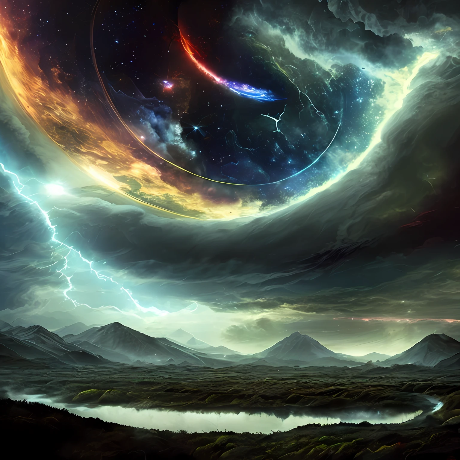 Illustration of dark clouds, epic scene, intrincado, Lovecraft, assustador, universo, quasar, galaxy, Alien Environment, abstrair, Planetas