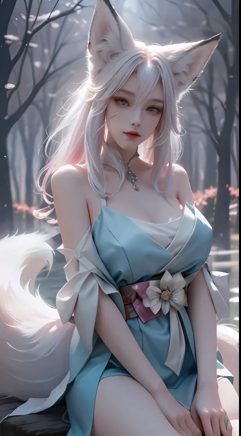 Fox ears white hair girl，full bodyesbian，Painting of a fox with white hair sitting on a branch，ethereal fox，nine tail fox，Fox three-tailed fox，Onmyoji detailed art，Nine tails，A beautiful artwork illustration，mythological creatures，red fox，Combat posture，Be...