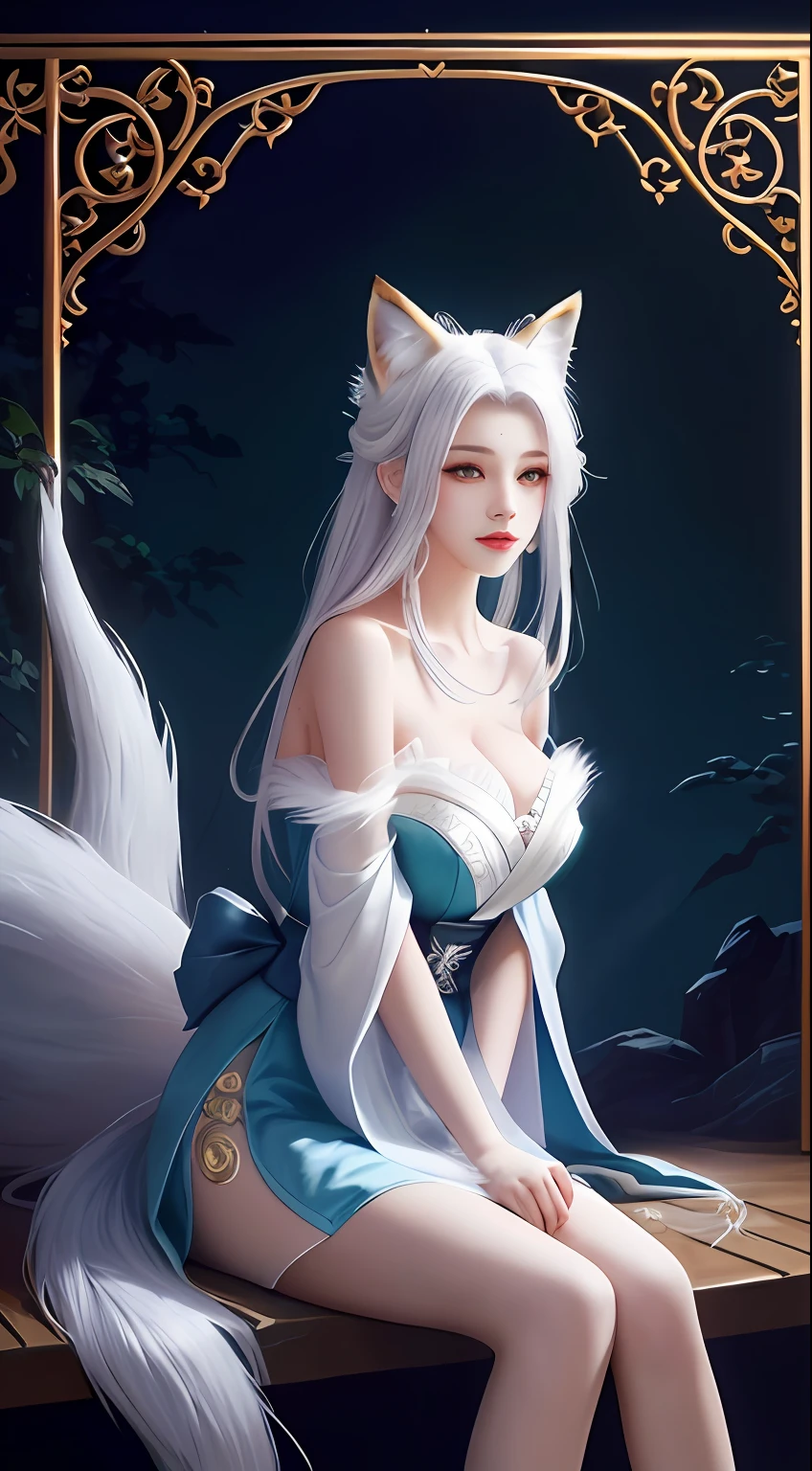 To, masterpiece, beautiful details, colorful, delicate details, delicate lips, complex details, real, ultra-realistic, a girl with white hair fox sitting on a branch: 1.1, big tits, sexy, seductive, ethereal fox, nine-tailed fox, fox three-tailed fox, Onmyoji detailed art, nine tails, beautiful artwork illustration, mythical creatures, foxes, beautiful digital artwork, exquisite digital illustration, mizutsune, inspired by mythical creatures wildnet, pixiv On digital art, bright light, high contrast, horror movie theme, dark atmosphere