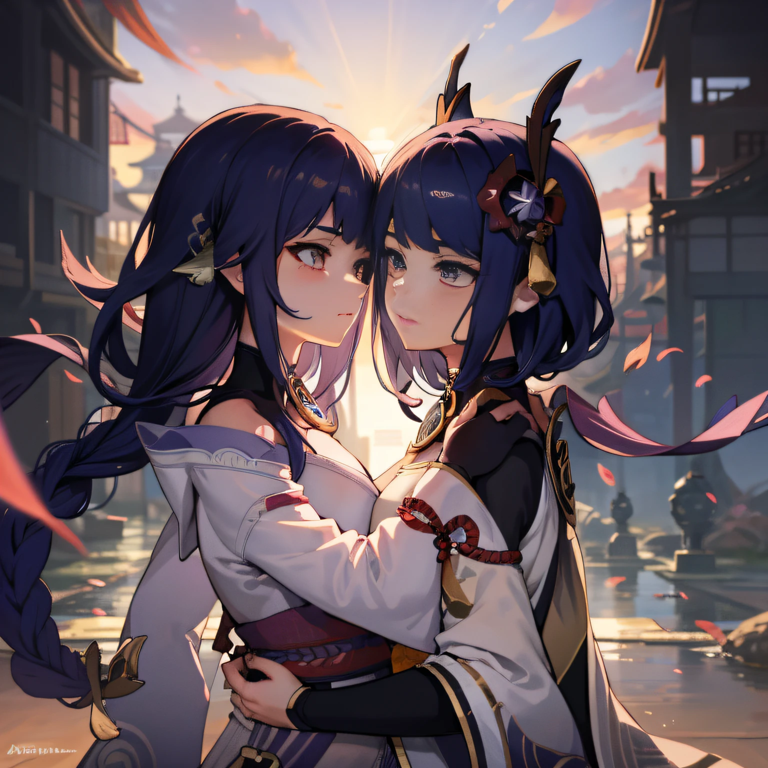 Anime characters hugging each other with swords and swords, Ayaka Genshin Impact, Portrait of Onmyoji, genshin, Azur Lane characters, charachter: Genshin Impact, from the azur lane videogame, Onmyoji, Raiden Shogun from Genshin impact Yae Miko from Genshin impact , Genshin Impact