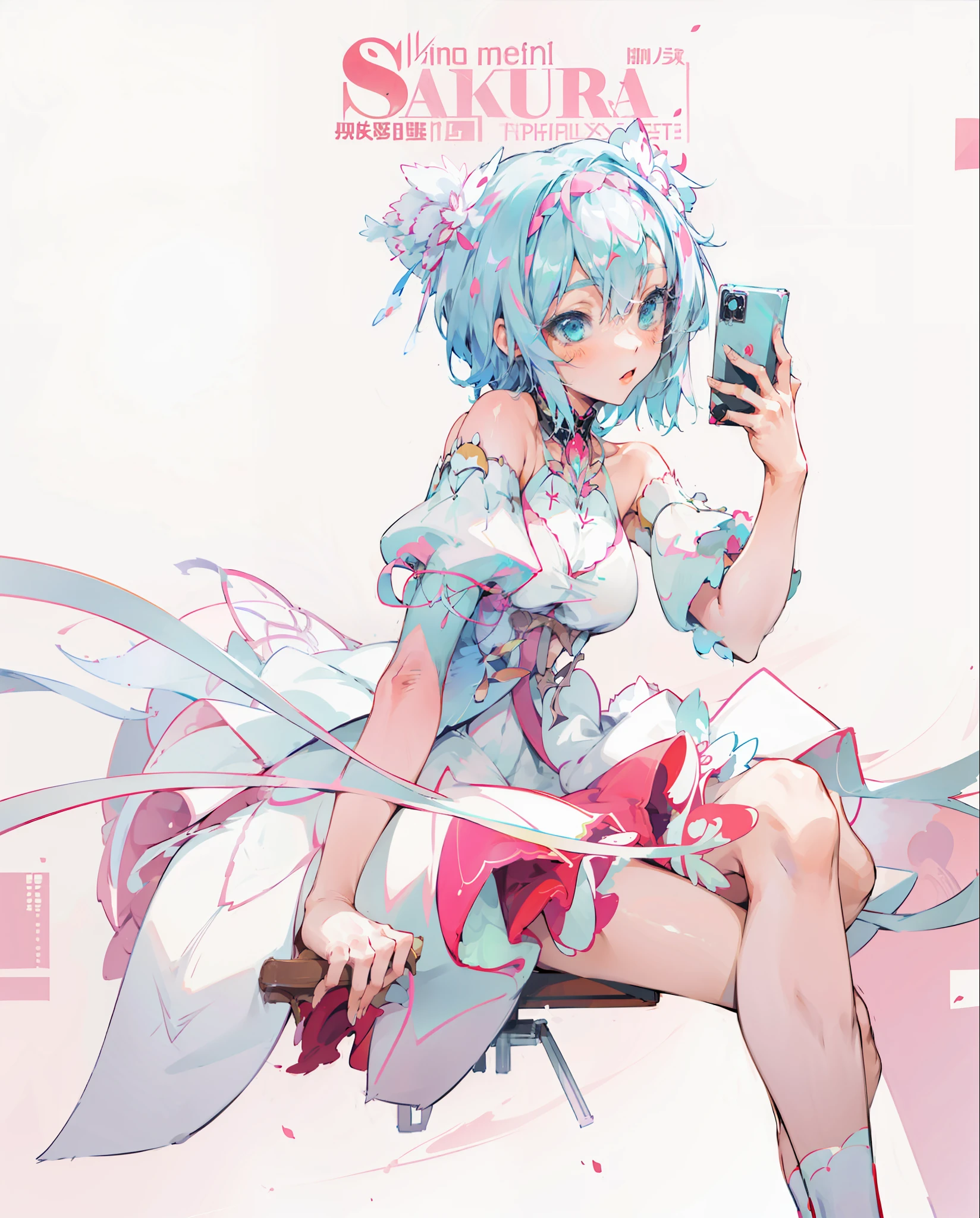 Anime girl in white dress sitting in chair holding cell phone, at pixiv, Pisif, Highest rated on Pisif, Popular on Pixiv, Pisif 3DCG, Popular on Pisif, Pisif style, Digital art on Pisif , Pisif Contest Champion, zerochan art, zerochan, trending on artstation pixiv