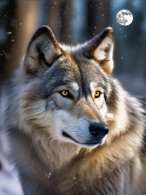 Create a vivid realistic and mesmerizing photo depicting an iridescent wolf amidst a starry night with a full moon. Capture the essence of its fierce nature as its piercing eyes gleam with aggression. The wolf's fur exhibits shades of gray and black, beaut...