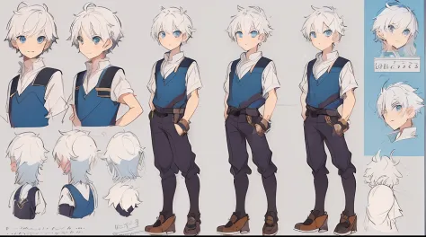 a drawing of a boy with white hair and blue eyes, anime character design, male character design, anime character reference sheet...