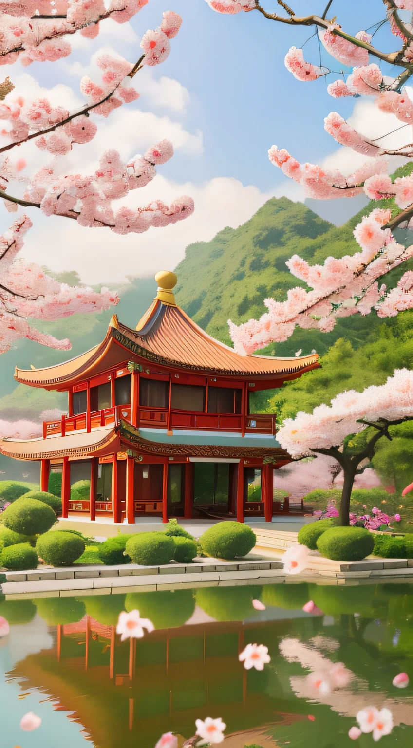 um poster，Ao fundo, há um pavilhão de estilo chinês e uma ponte de madeira de estilo chinês，Há flores de pessegueiro e pétalas flutuantes，Há árvores e névoa，Estilo chinês，Bela representação da Dinastia Tang