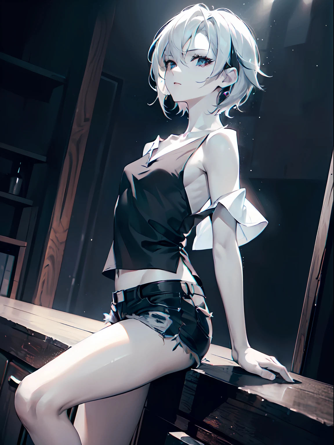 ((female)), (solo:1.2), ((masterpiece)), ((pale skin)), ((detailed eyes)), (bokeh effect), (dynamic angle), dynamic pose, white hair, black hair, gradient hair, short hair, interior, (x-shaped pupils), (single bare shoulder shirt short:1.4), bare shoulder, ((casual shirt)), (black eyes), (collarbone)