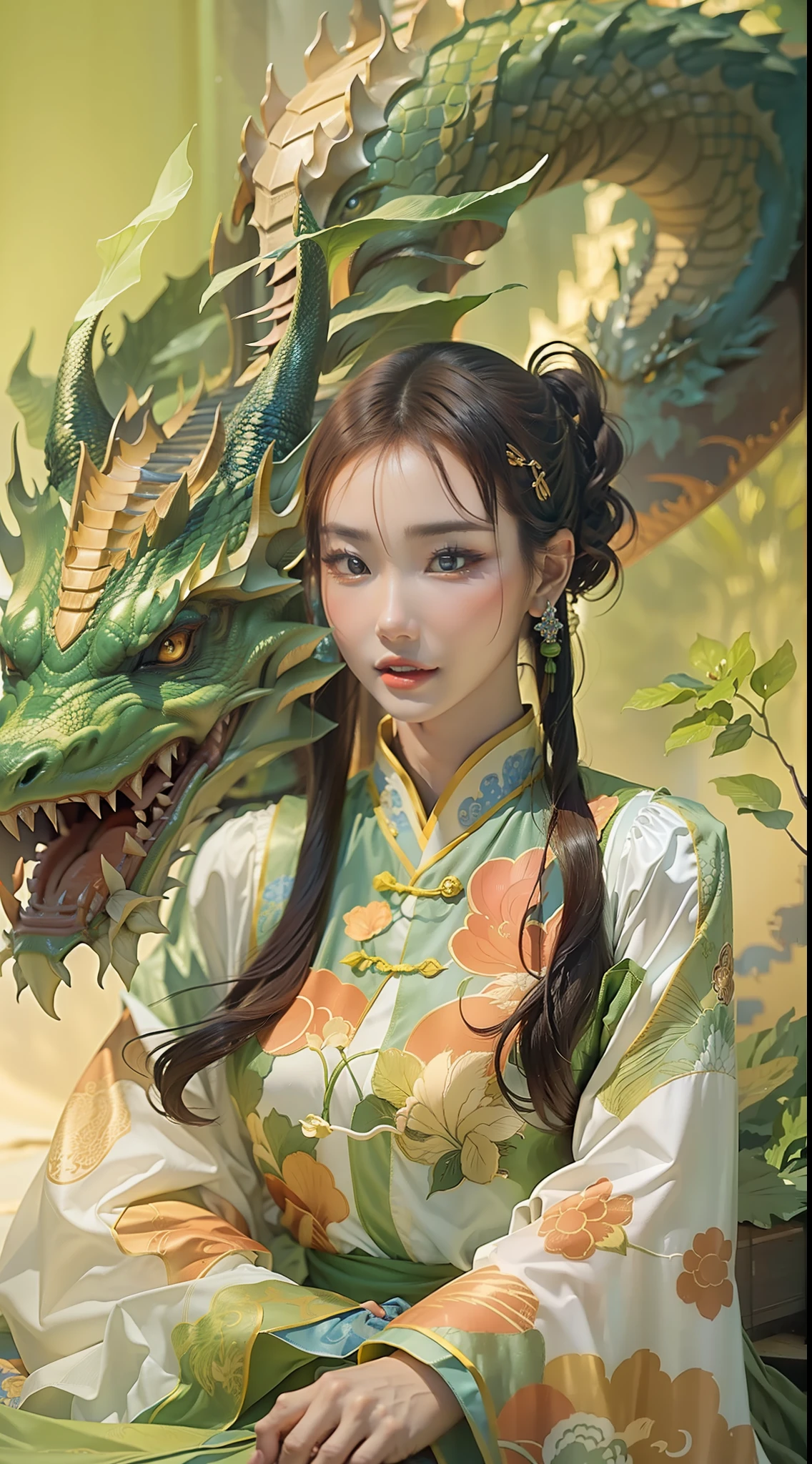 Man and Dragon，(1 Chinese Shenlong)，(1girll，Mature and beautiful，Nice and delicate face)，Fairy style，Realistic and realistic，Detailed portrayal，(The girl sits on the dragon)，Dragon Flying，腾云驾雾，