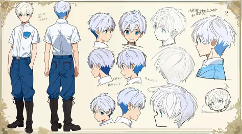 Reference sheet of a kid cute boy, short white hair and blue eyes, smiling, ((masterpiece)),(((best quality))),(character design...