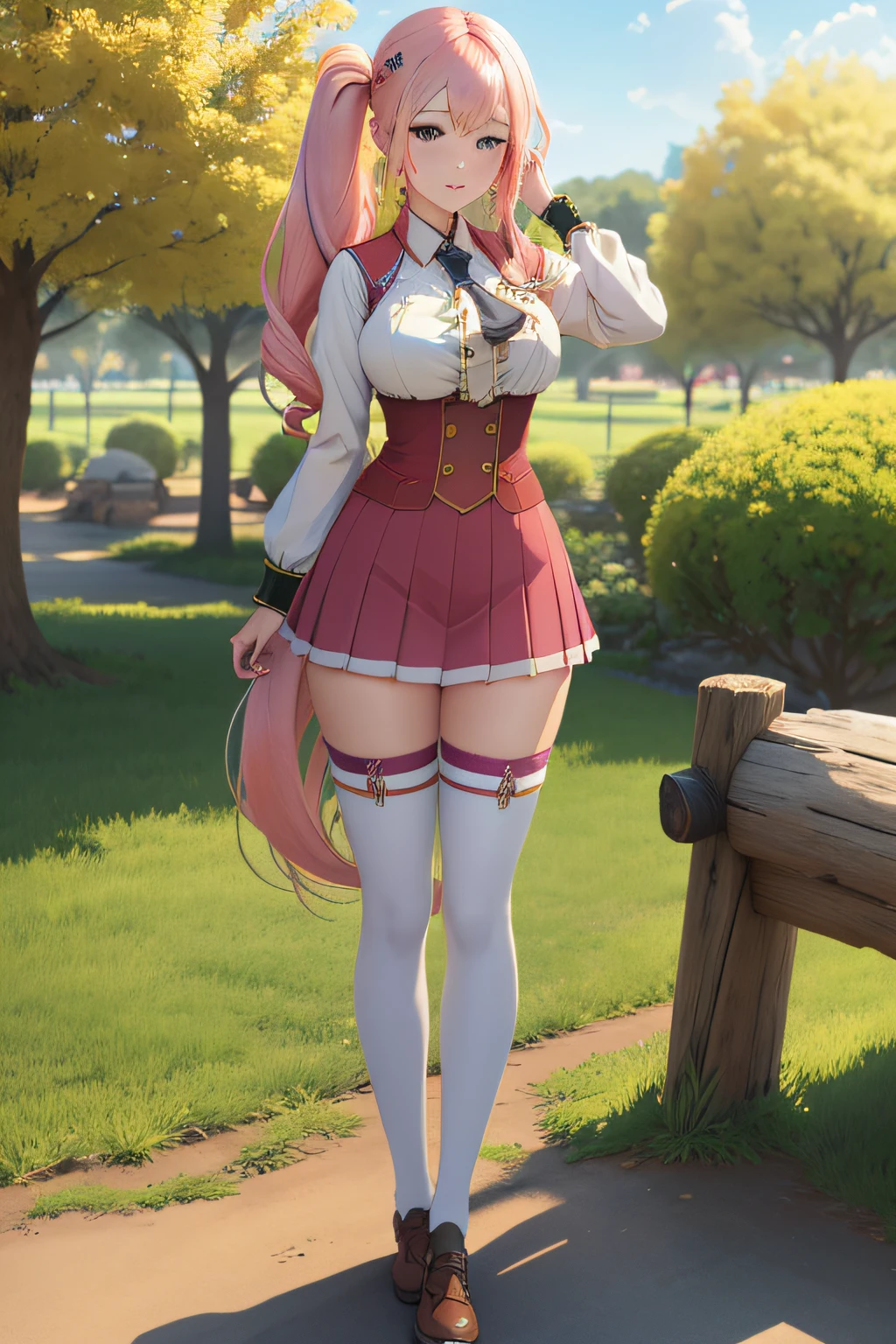 Enome 1girl， long whitr hair， nedium breasts， Blushlush， ssmile， A pink-haired， tiese， school ground ， （hentail realism）， （tmasterpiece：1.2）， （best qualtiy）， （ultra - detailed）， （8K， 4K， 复杂）， （full body shot of：1）， （85mm）， light particules， illuminating， （highly  detailed：1.2），（Detailed face：1.2）， （Gradient）， sfv， a color， （Detailed eyes：1.2）（detailedbackground）， detailed scenic view， （dynamic angle：1.2）， （dynamicposes：1.2）， （third_composition：1.3）， （Line of action：1.2）