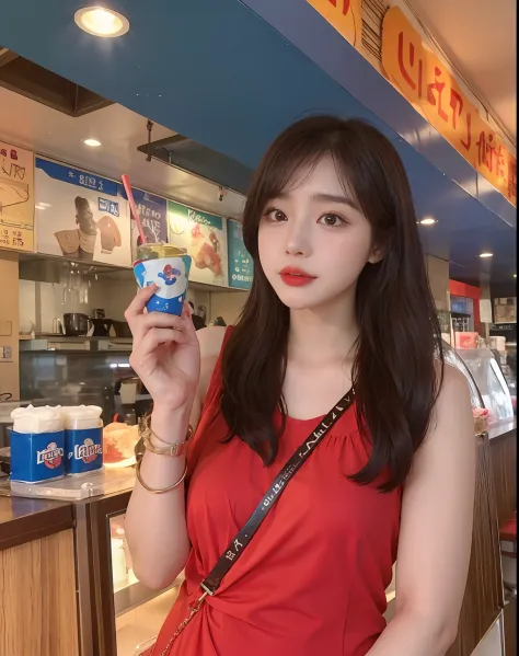 Woman in red dress holding up a tube of ice cream, krystal, dilraba dilmurat, jaeyeon nam, wenfei ye, Choi Hong Hwa, trending at...