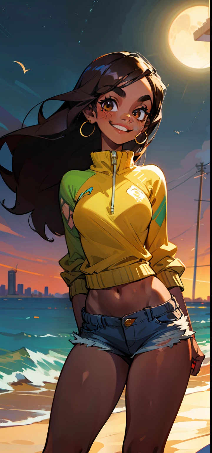 A cartoon girl in a yellow jacket standing on the beach - SeaArt AI