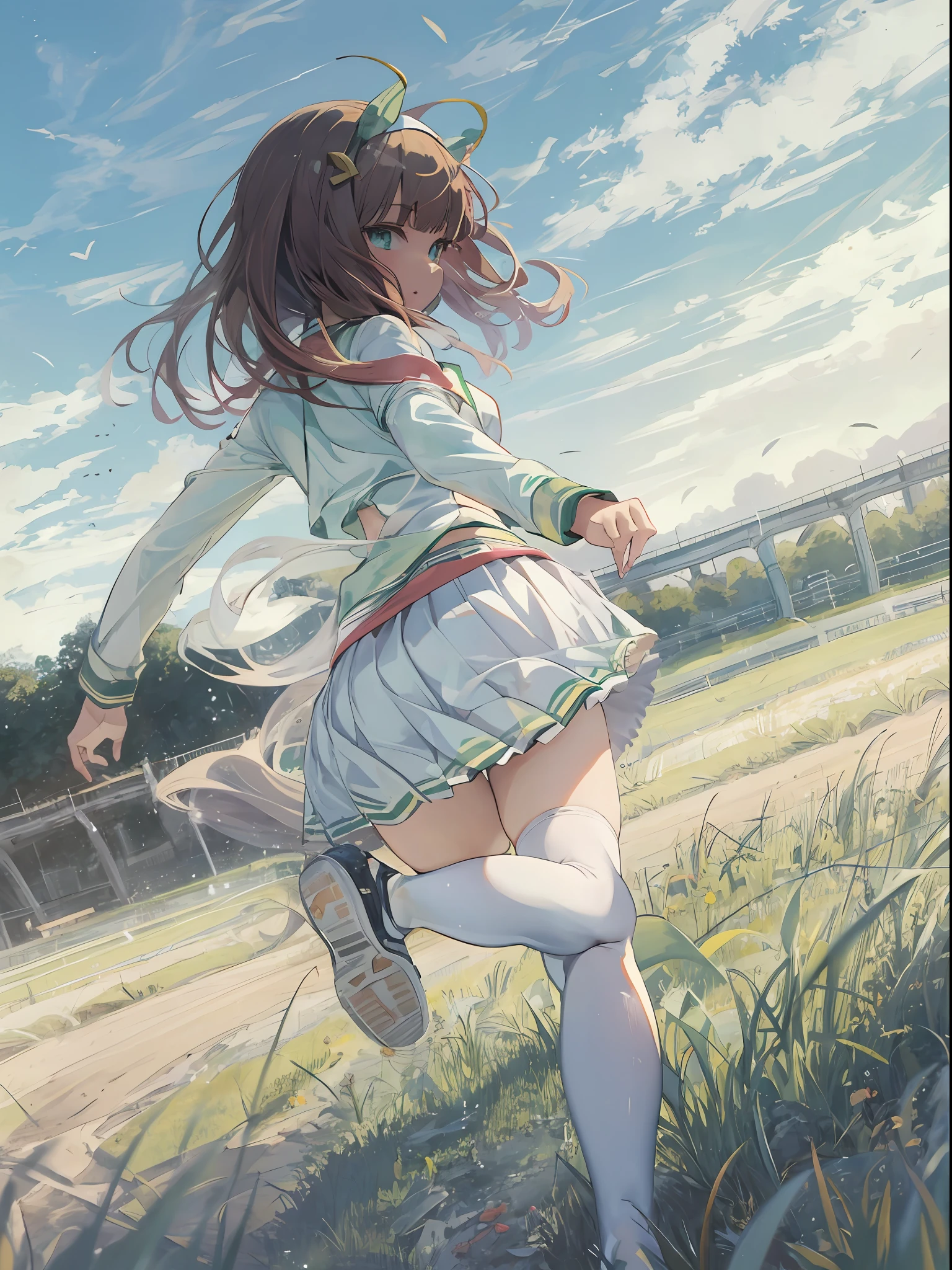 dessus de la table, Meilleure qualité,  silence suzuka \(umamusume\),, jupe blanche, jupe plissée, collants noirs, Soutien-gorge blanc avec patch, , en cours d&#39;exécution, Herbe lâche,  Vue des fesses, de l&#39;arrière