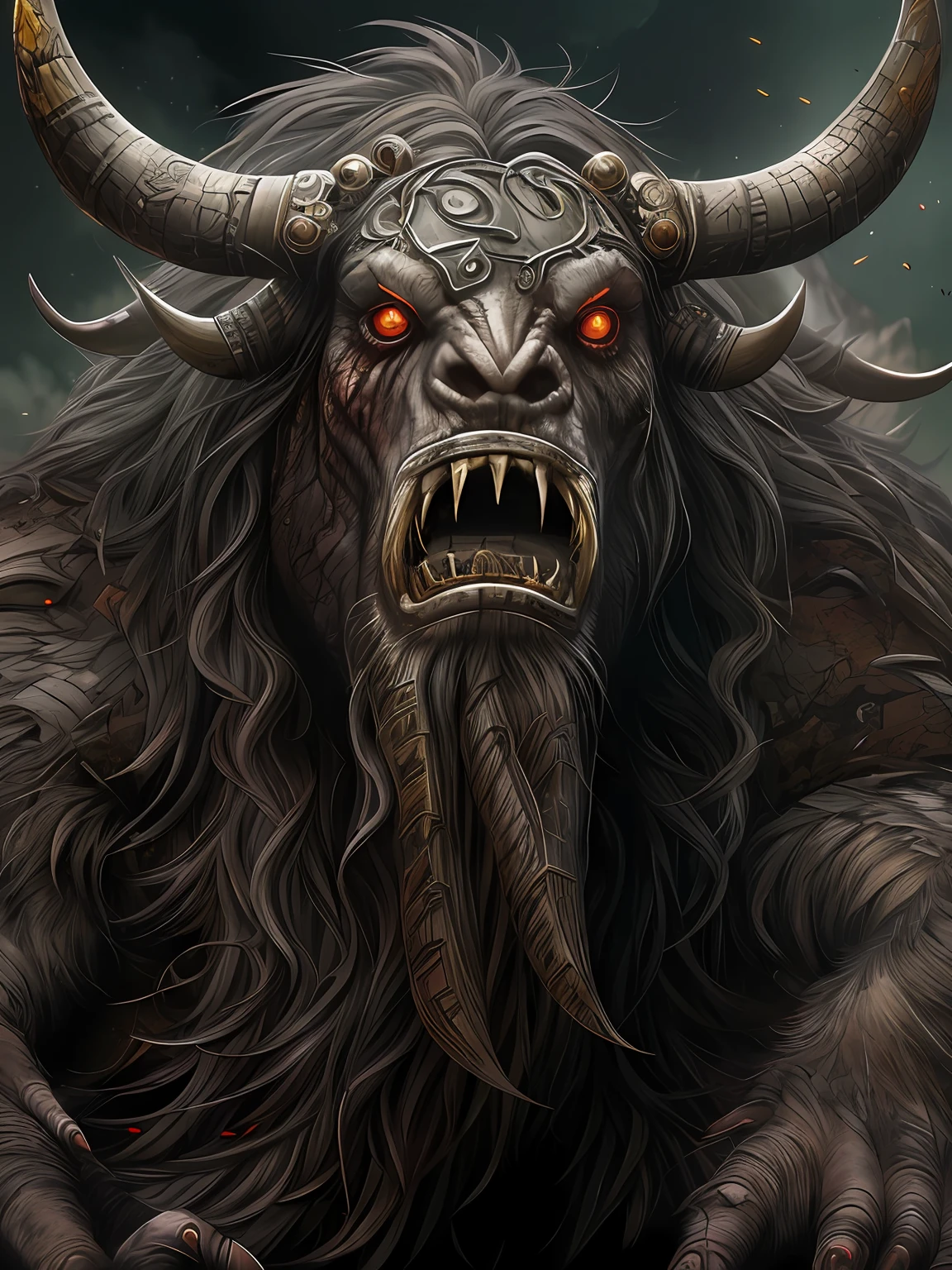 ((A huge yak)), greek myth, Monster, musculature, The sky and the earth are dark，salama，（Stepping on all fours）(The stone walls are covered with moss), Madness, ,Blood red eyes，
insanely details, Intricate details, ultra - detailed,
((Comic book style)), mistic, elegant, ((Domineering look)), dangers, (Fear and terror), Mordor, Creepy, Darkest horror background,
(Skin texture), intricately details, Fine details, ultra - detailed, Ray traching, Subsurface scattering, diffused soft lighting, Shallow depth of field, By (Oliver Wetter)
trending on artstationh, trending on CGSociety, Intricate, High detail, Sharp focus, Dramatic, photorealistic painting art by midjourney and greg rutkowski, Bokeh on the background，(Wide angle 1：3),