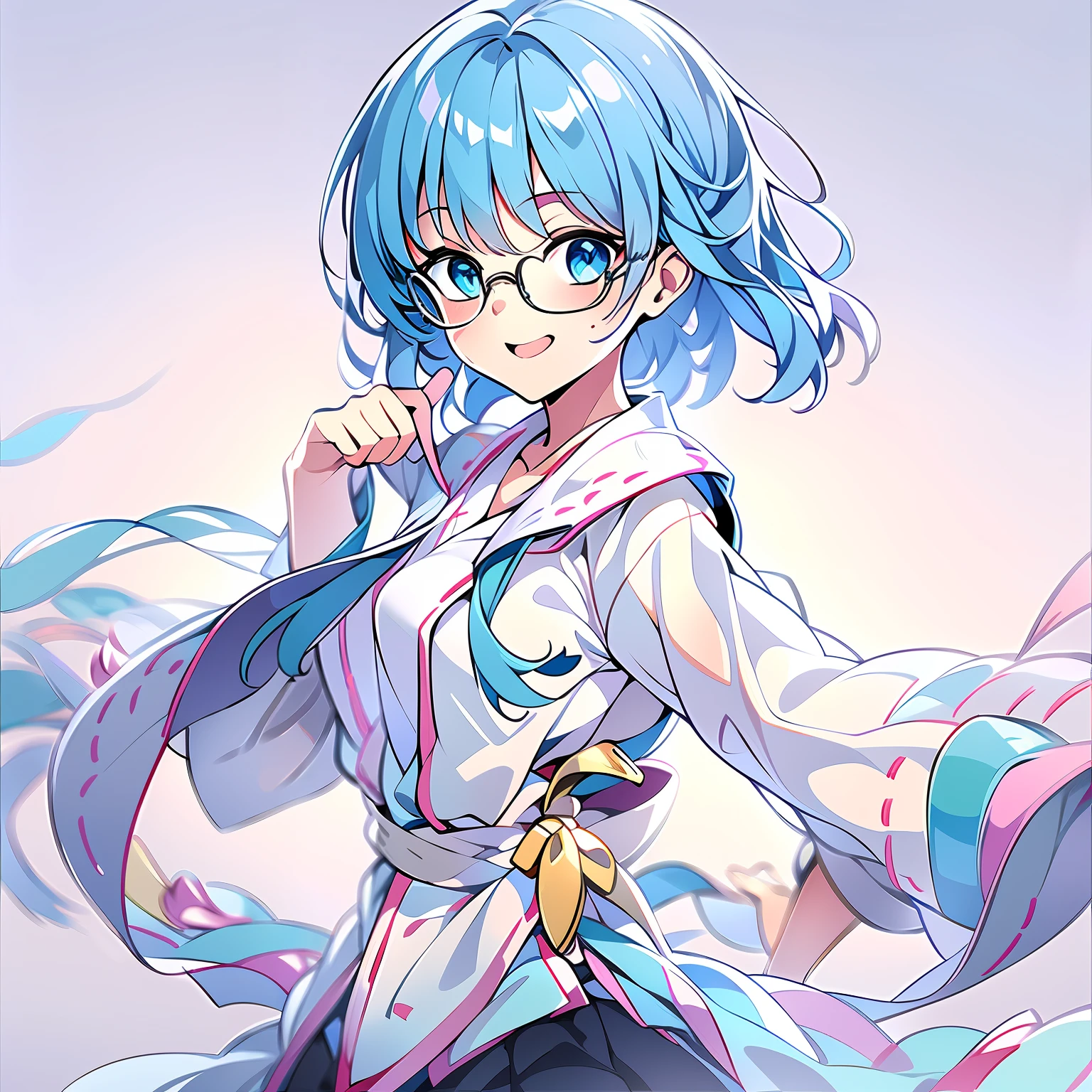 (masterpiece), best quality, expressive eyes, perfect face, white miko uniform, beautiful face, detailed eyes, blue hair, short hairstyle, dynamic angle, gorgeous pose, smile gently, glasses