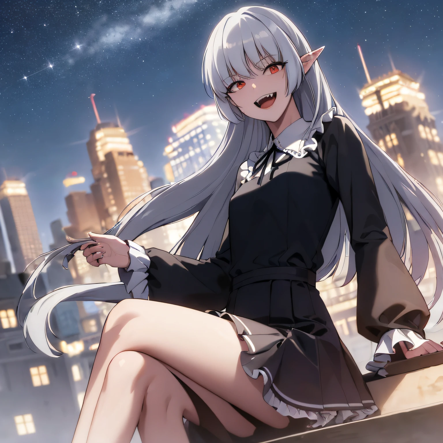 best quality, (masterpiece:1.2), highly detailed, outdoors, night, star (sky),
1girl, solo, alice, vampire, sitting, open mouth, smile, fangs, small breasts, looking at viewer,
grey hair, long hair, red eyes, pointy ears, white shirt, black ribbon, frills, long sleeves, black skirt,